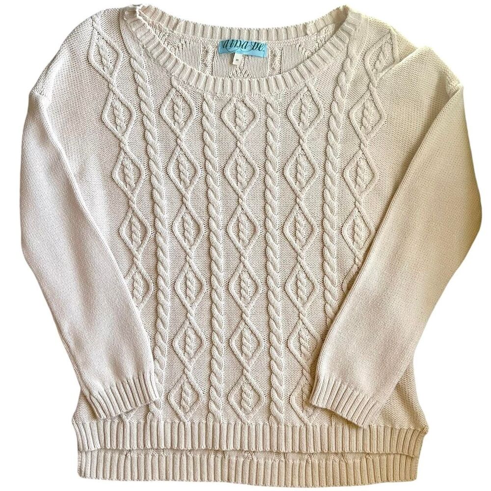 Aina Be Cream Cable Knit Fisherman Pullover Sweater Sz M Cottagecore Preppy Boho